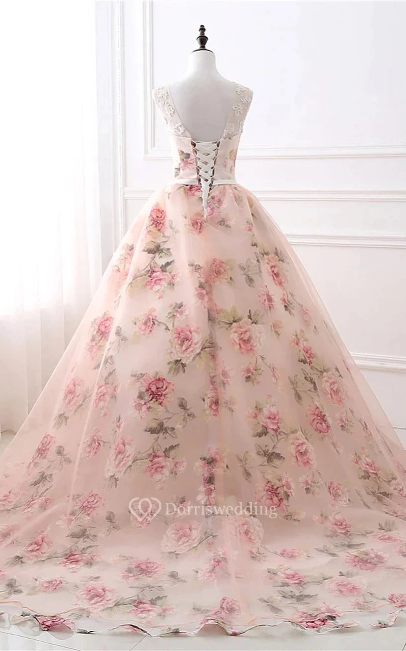 Vestido de fiesta de gala sin mangas con escote redondo y corte imperio, estampado floral view 6