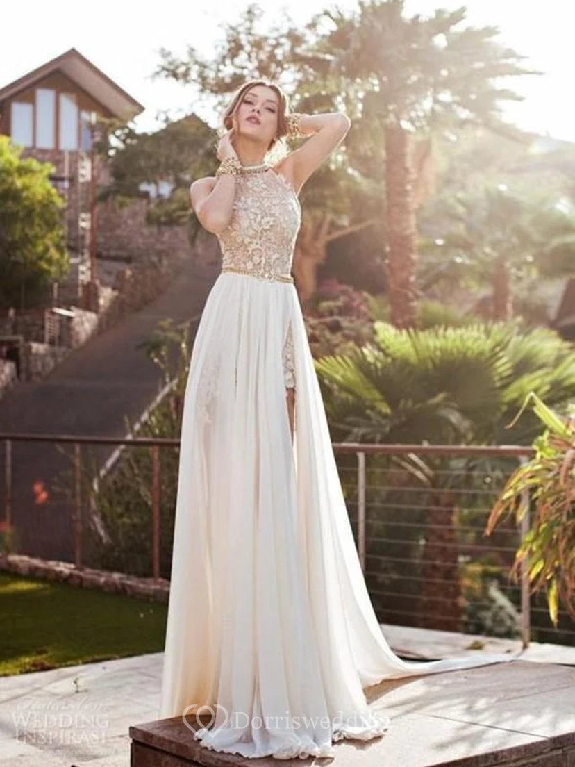 A-line Halter Sleeveless Lace Chiffon Sweep Train Dresses