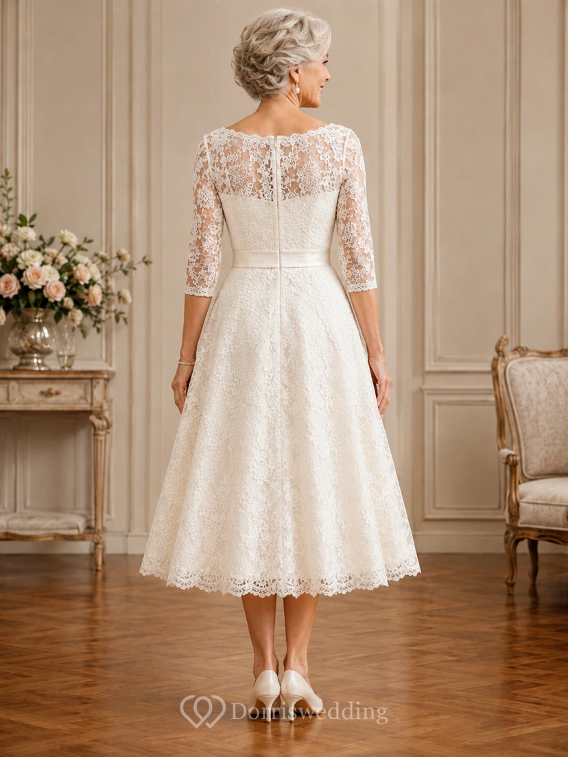 Tea Length Lace A-Line Older Brides Wedding Dress with Long Sleeve Sleeves view 2
