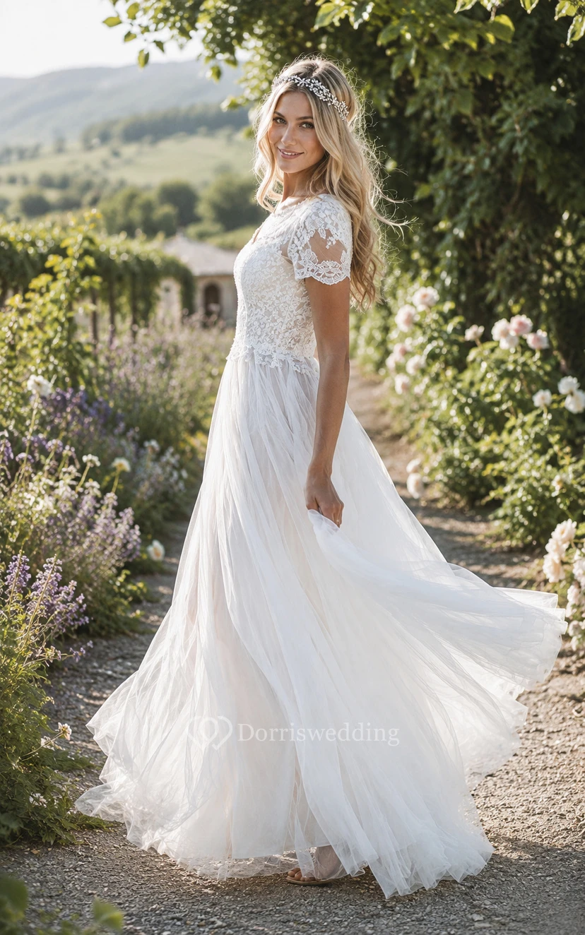 Brautkleid aus elfenbeinfarbenem Tüll mit kurzen Ärmeln und Spitze in A-Linie view 5