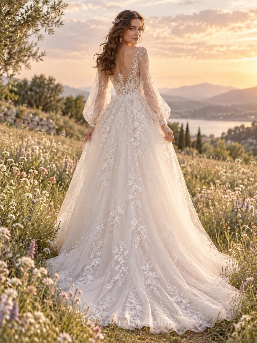 Robe de mariée fluide en tulle et dentelle florale à manches longues, coupe trapèze, style bateau view 2