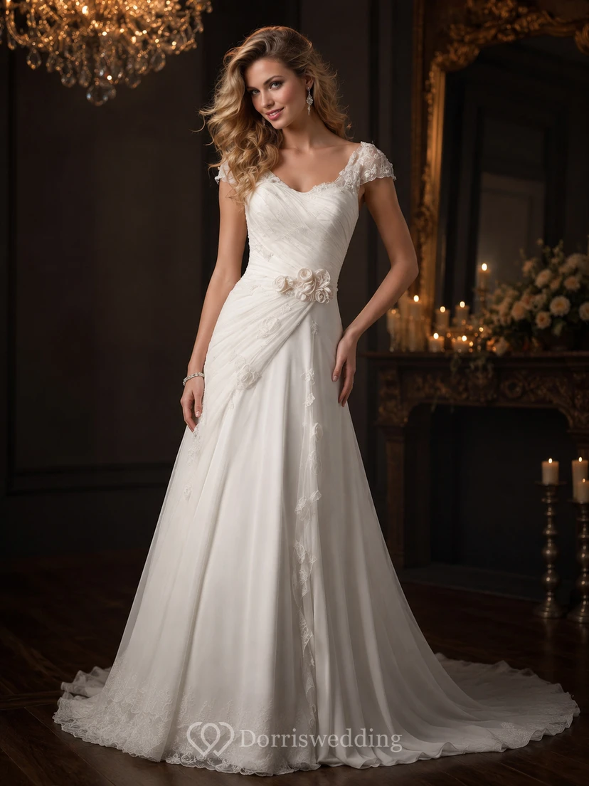 V-neck Cap Empire Chiffon Ruched Draped Wedding Dress with Tiers view 2