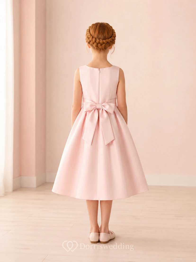 Robe de demoiselle d'honneur sans manches en satin rose poudré, coupe trapèze, encolure bijou et jupe mi-longue ornée d'un nœud. view 2