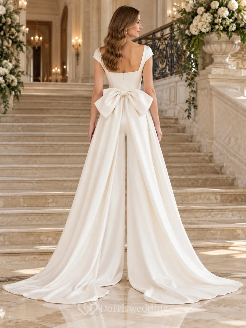 Square Neck Cap Sleeve Pleated Satin Bow Train Bridal Jumpsuit view 2