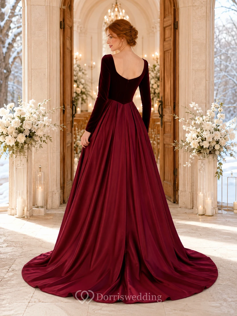 Burgundy Red Sweetheart Long Sleeve Chapel Train Wedding Dress view 2