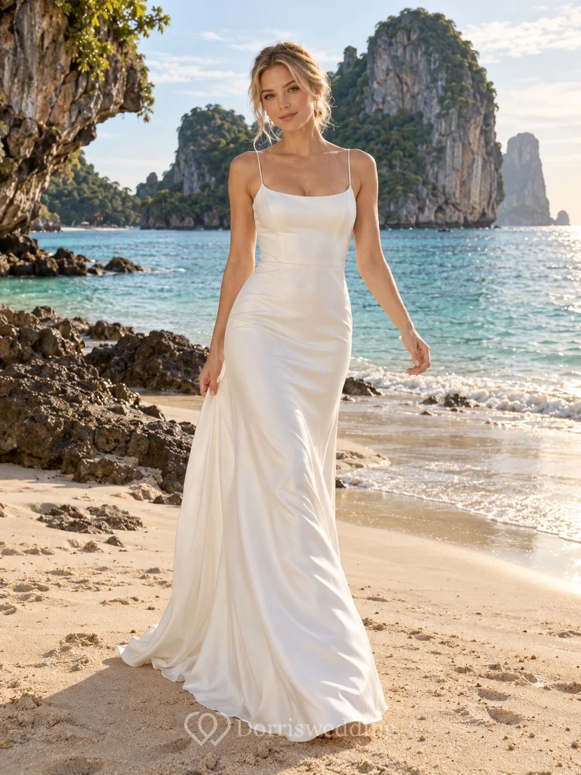 Einfaches, bodenlanges Strandhochzeitskleid aus Satin mit Wasserfallausschnitt und Spaghettiträgern