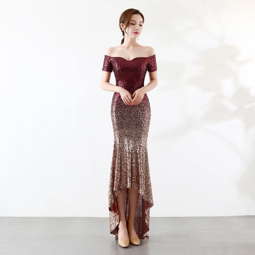 Robe asymétrique à manches courtes, style européen et américain, sequins dégradés, robe de soirée de mariage ou de banquet. view 7
