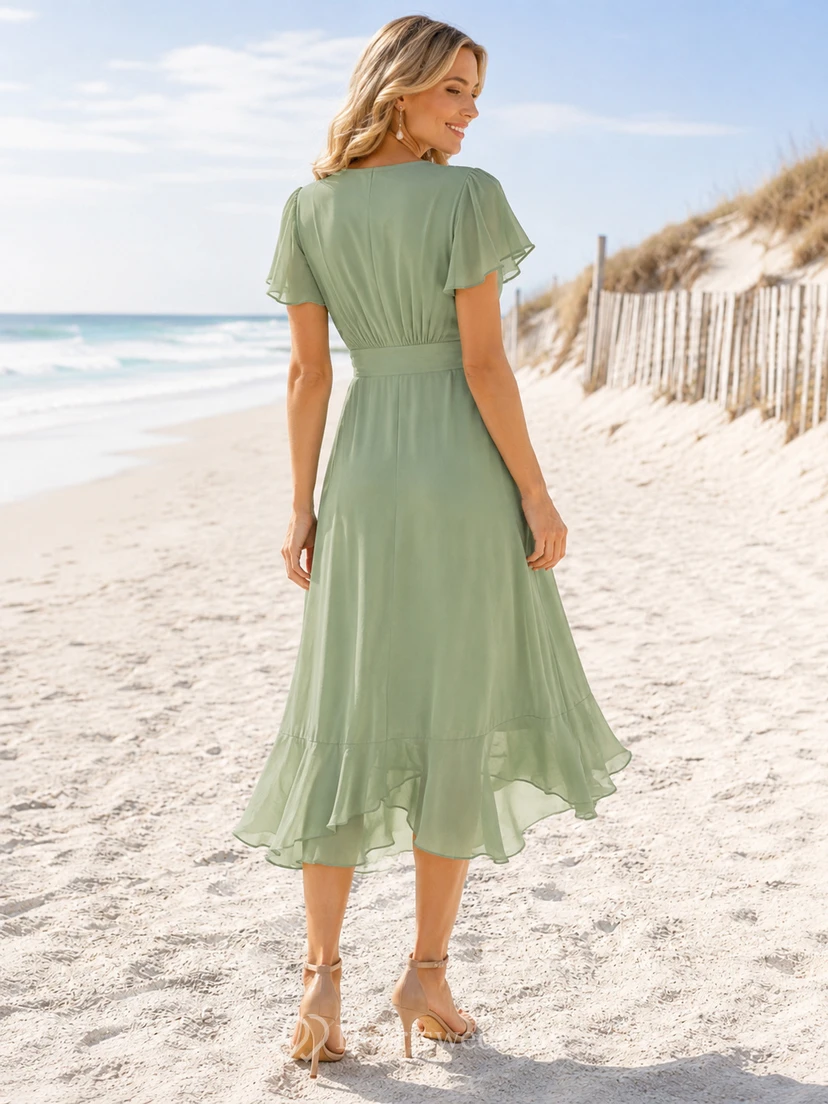 Brautkleid „Sage Beach“ für Hochzeitsgäste, A-Linie, Chiffon, V-Ausschnitt, kurze Ärmel, knöchellang, asymmetrischer Saum