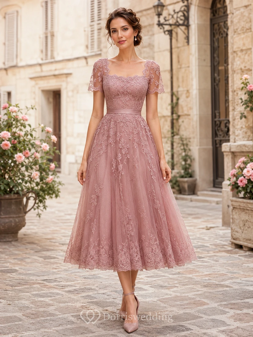 Robe d'invitée vintage rose poudré à col carré, manches courtes et dentelle, coupe trapèze.