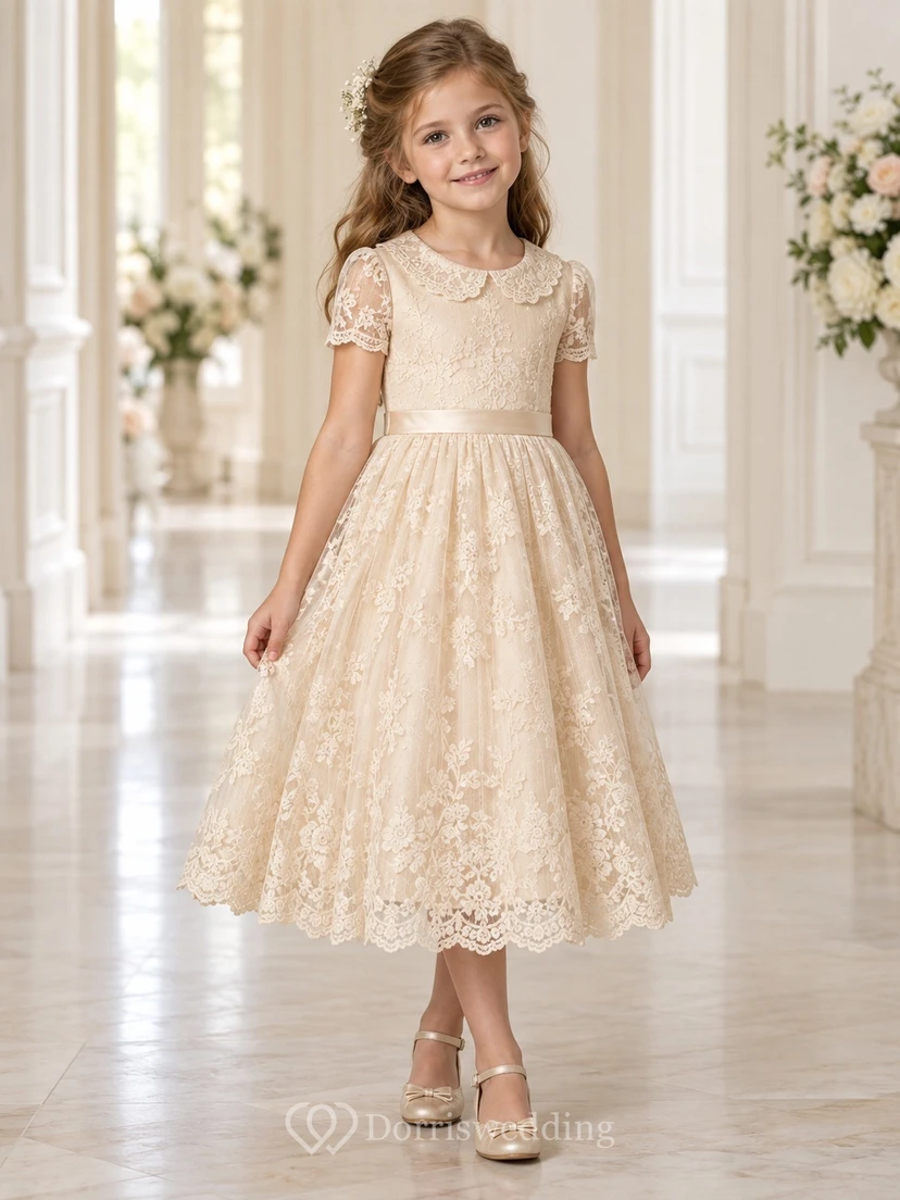 Tea-length Vintage Champagne Floral A-line Lace Short-sleeve Sashed Flower Girl Dress