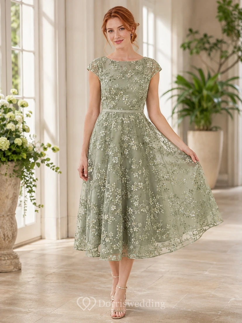 Romantic Sage Bateau Cap Sleeve Lace A-Line Tea-Length Garden Formal Dress