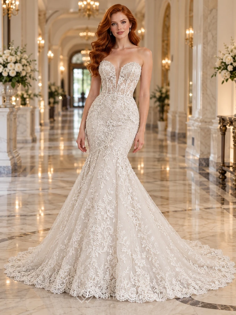 Mermaid Strapless Sweetheart Beaded Lace Chapel Train Wedding Dress