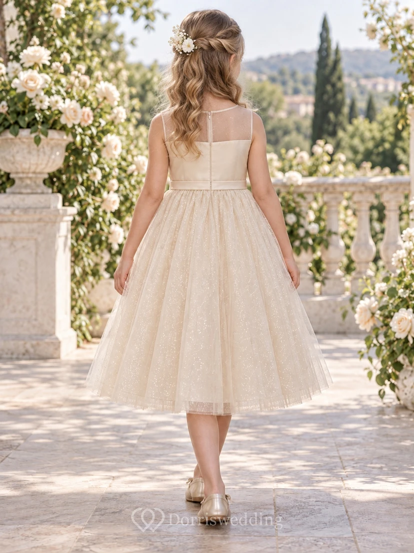 Tea-length Champagne A-line Tulle Sleeveless Illusion-Neck Sparkling Flower-waist Flower Girl Dress view 2