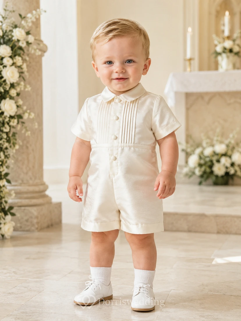 Ivory Tailored Pintuck Button Bib Short Sleeve Christening Romper for Baby Boy