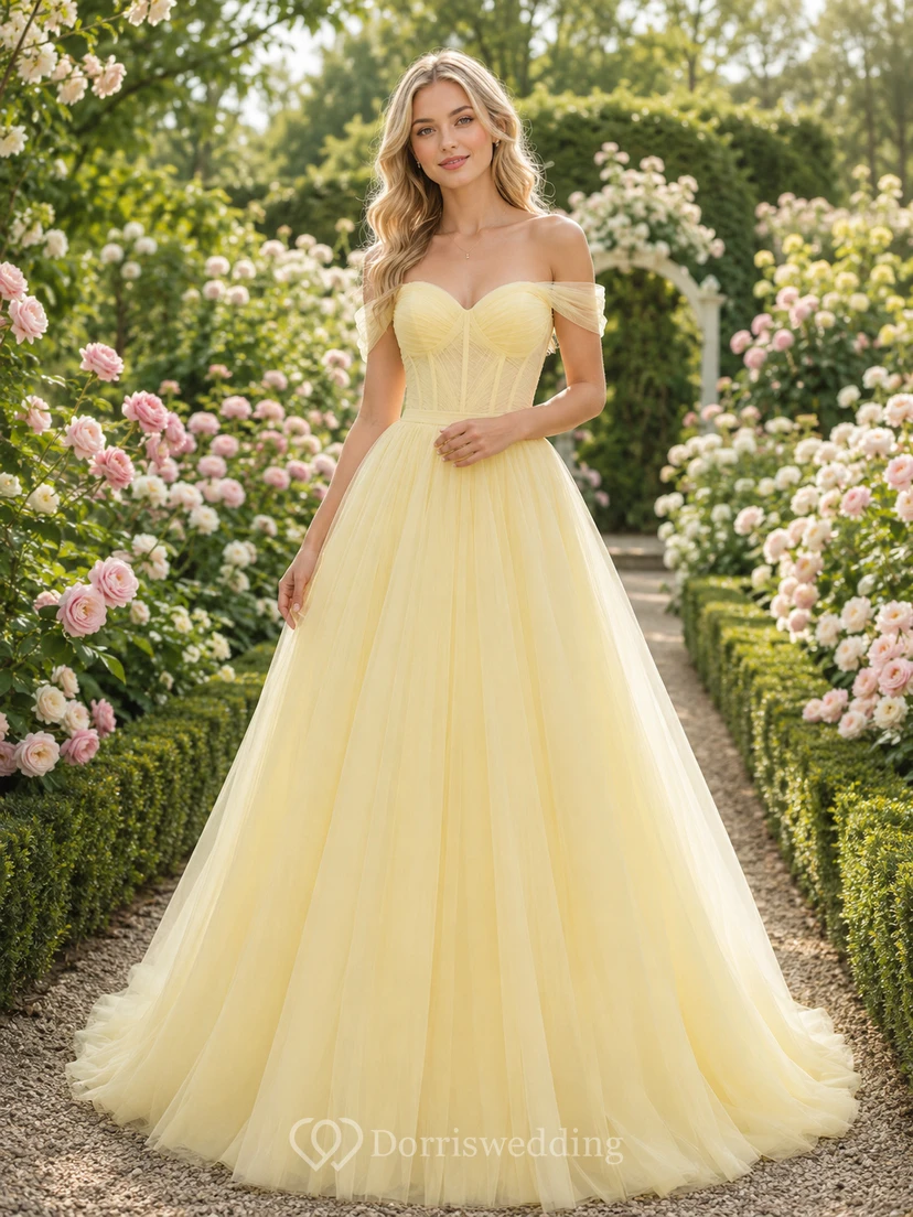 Yellow Strapless Tulle Spring Garden Ball Gown Bridal Dress