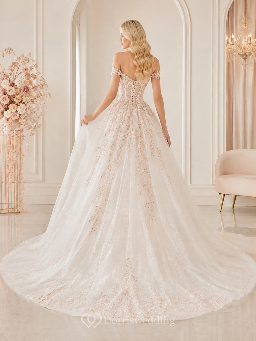 Romantisches Brautkleid in Roségold-Rosé, A-Linie, schulterfrei, kurze Ärmel, bodenlang, mit Schleppe view 2