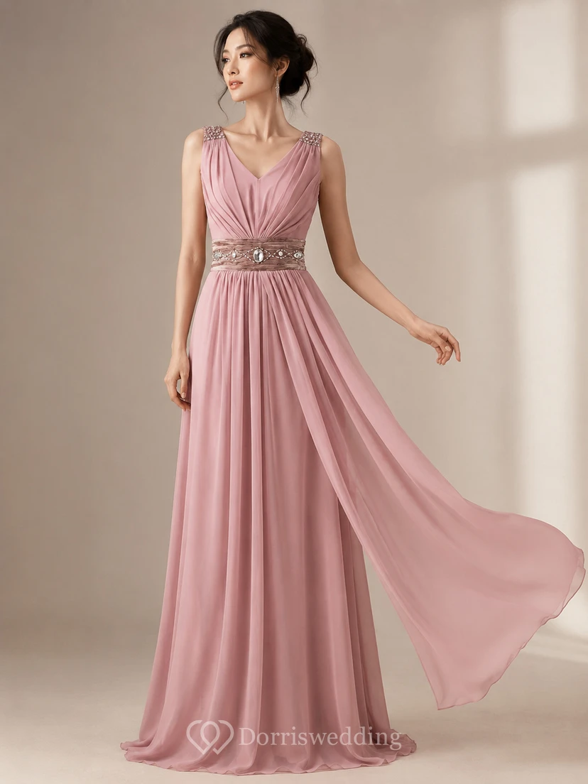 Sleeveless V-neck Long Chiffon Gown With Rhinestone view 6