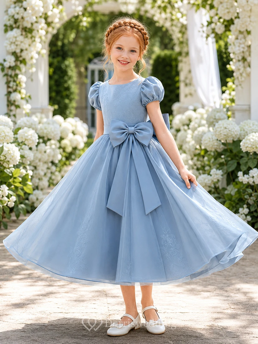 Romantic A-Line Flower Girl Dress with Jewel Neck Puff Sleeves Steel Blue Satin Front Bow Garden Ceremony