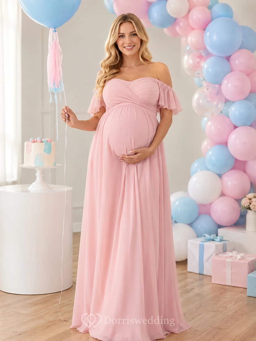 Zartrosa Umstandskleid zur Geschlechtsenthüllung, schulterfrei, herzförmiger Herzausschnitt, bodenlang, aus Chiffon