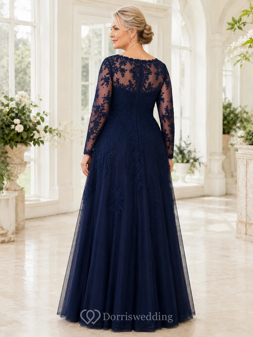 Dunkelblaues Spitzenkleid in Übergröße, elegantes Mutterkleid mit Illusion-Bateau-Ausschnitt, langen Ärmeln, A-Linie und bodenlangem Tüllrock view 2