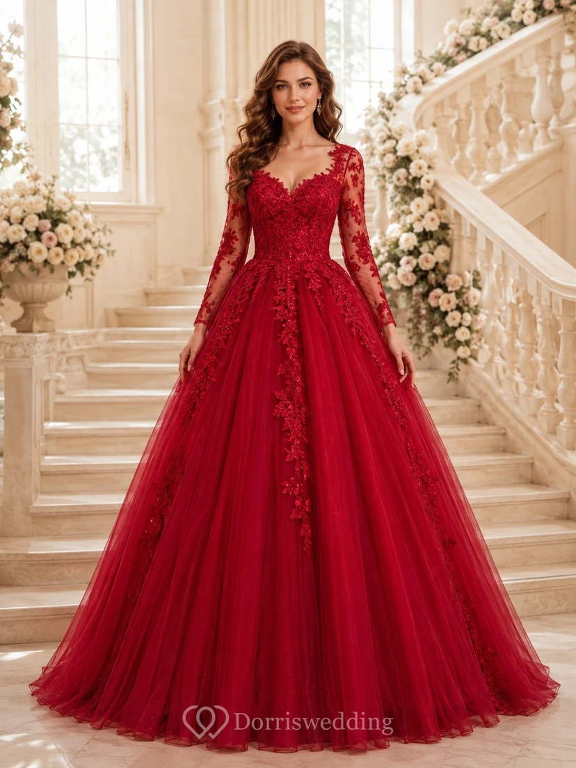 Burgundy Romantic Luxury V-Neck Long-Sleeve Tulle-Lace Tiered Ball-Gown Floor-Length Evening Dress