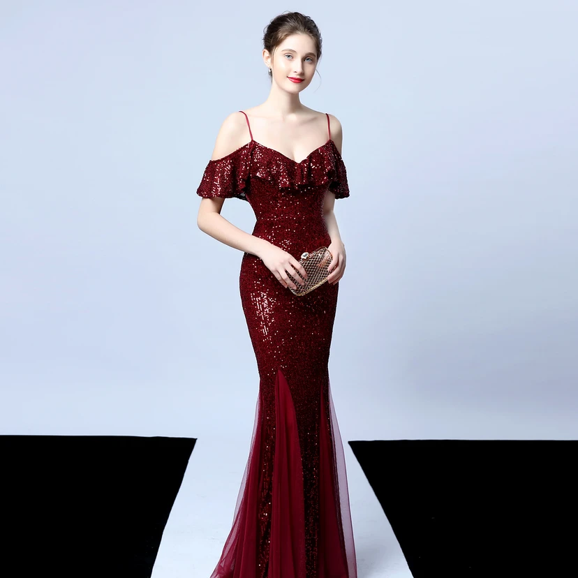 Robe de soirée élégante à franges et sequins en fil de polyester, style sirène, idéale pour un banquet ou une occasion spéciale automne. view 33