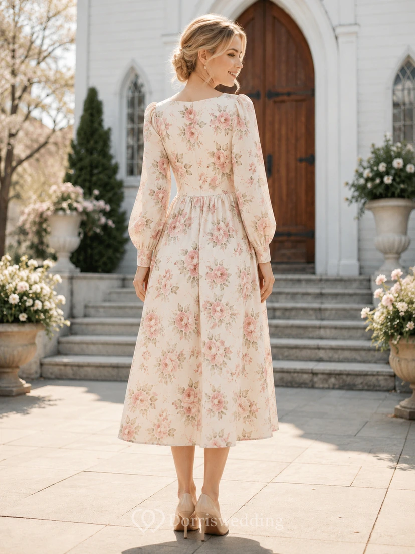 Cream Blush Floral Long Sleeve Modest A Line Midi Dress view 2