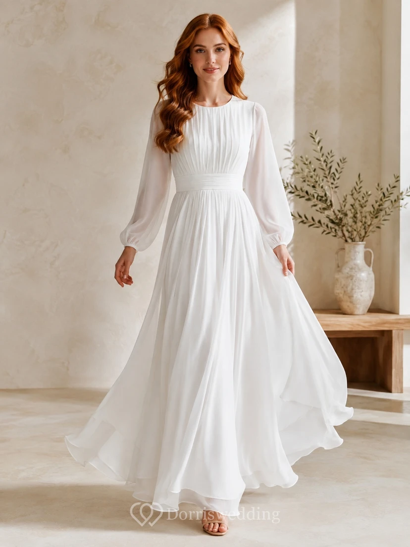 Modest High Neck Long Sleeve Pleated Chiffon A-Line Floor Length Temple Dress