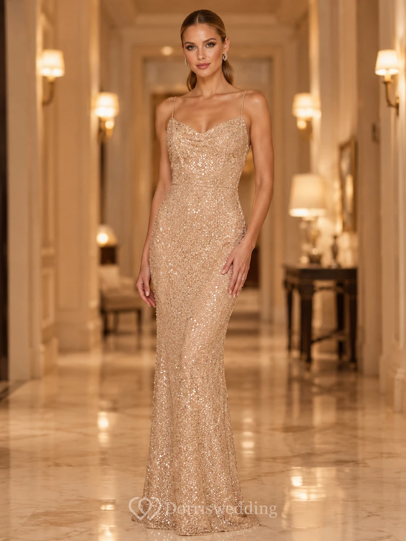 Heavy Sequin Strapless Champagne Sheath Floor-length Sleeveless Sequins Luxury Sexy Prom Evening Formal Celebrity Dress