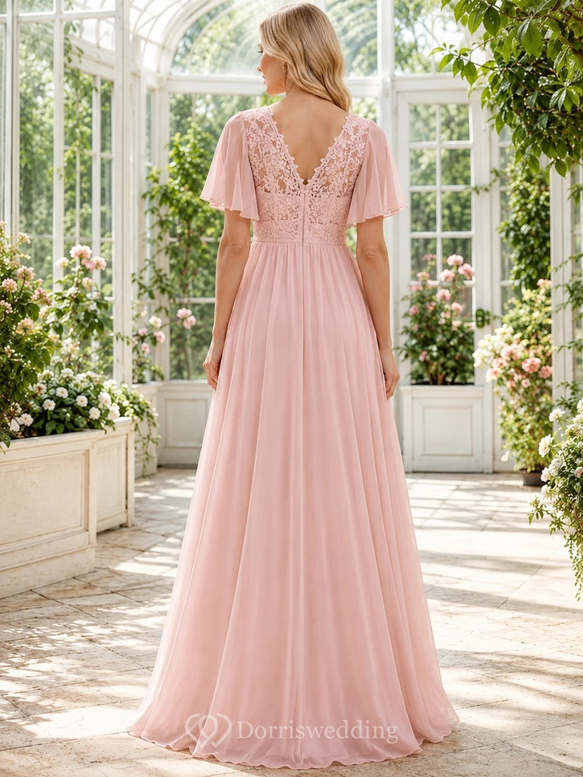 Blush Empire Waist Lace Flutter Sleeve V-Neck Chiffon Maxi Guest Dress view 2