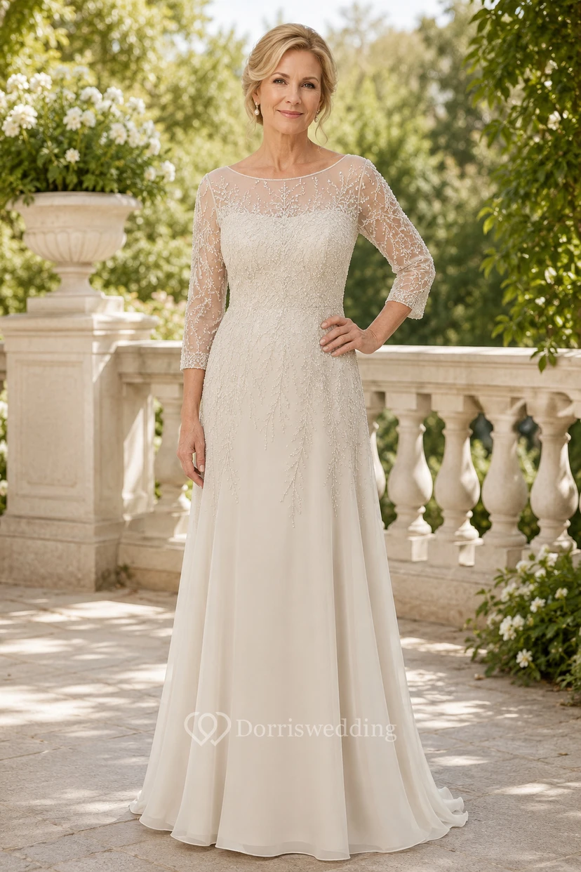 MOB Dress Ivory Chiffon Lace A-Line 3/4 Sleeve Bateau Neck Floor Length