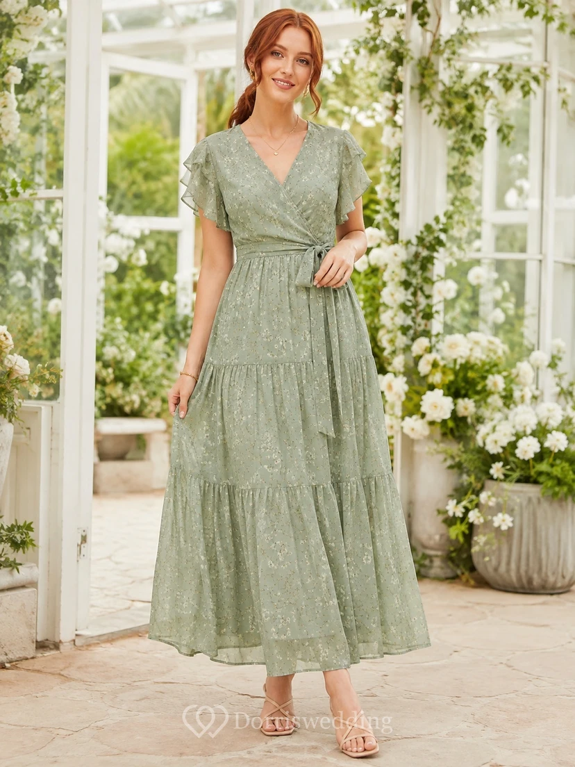 Sage Green Bohemian Tiered Chiffon Petal-Sleeve Garden Guest Dress