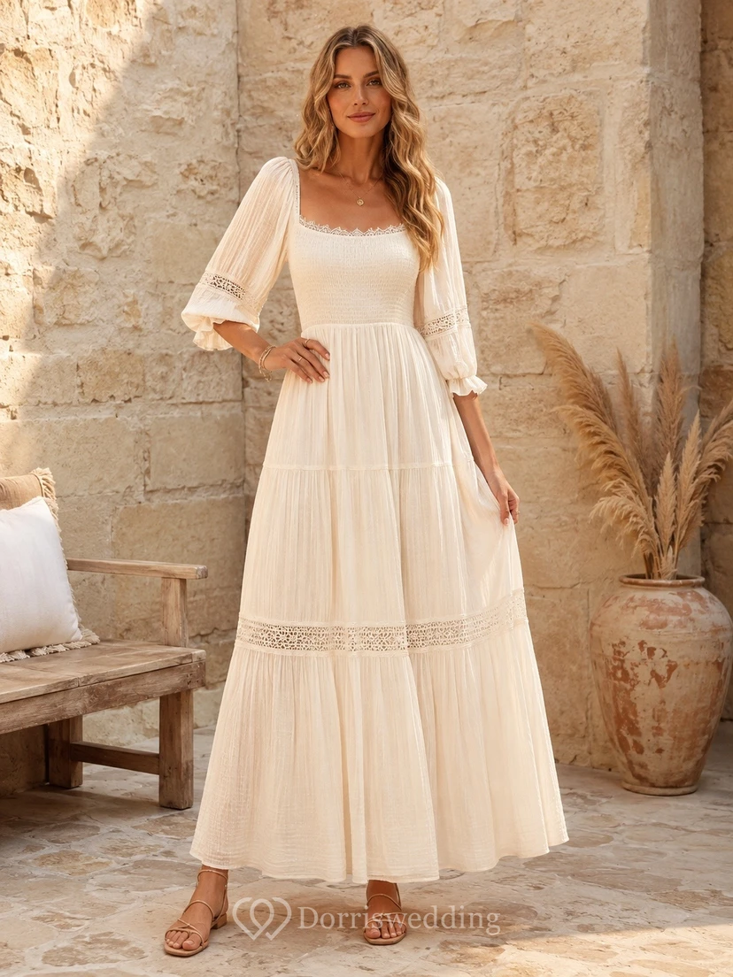 Vestido bohemio de corte A con escote cuadrado y mangas largas, ribete de encaje.