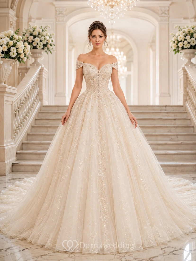 Robe de mariée romantique à épaules dénudées, manches courtes, dentelle appliquée, tulle, traîne chapelle