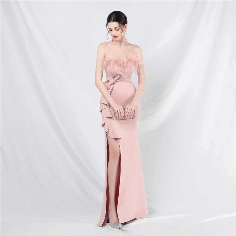 Crafted Custom-Made Ostrich Hair Off-Shoulder Tube Top Dinner Celebration Wedding Dress view 14