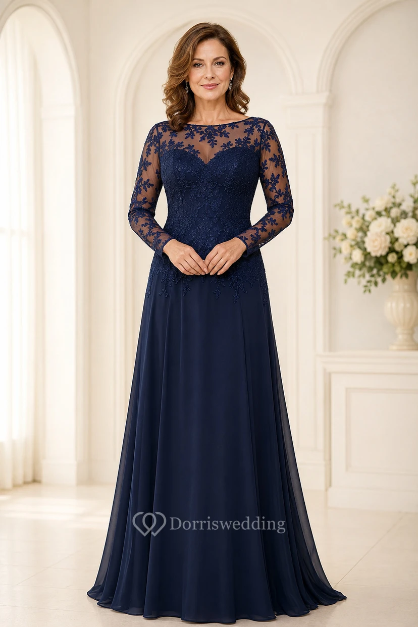 MOB-Kleid Dunkelblauer Chiffon-Spitzen-A-Linien-Langarm-U-Boot-Ausschnitt Bodenlang Plissee