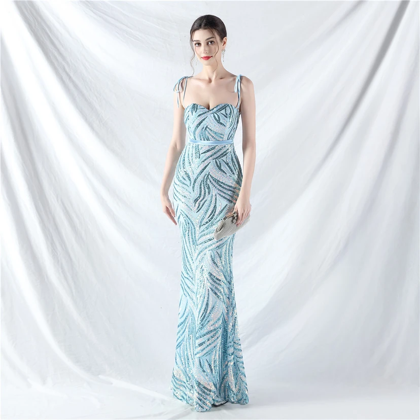Vestido de noche con tirantes, top tipo tubo y lentejuelas apiladas encriptadas, con método de doble atado de cuerda. view 74