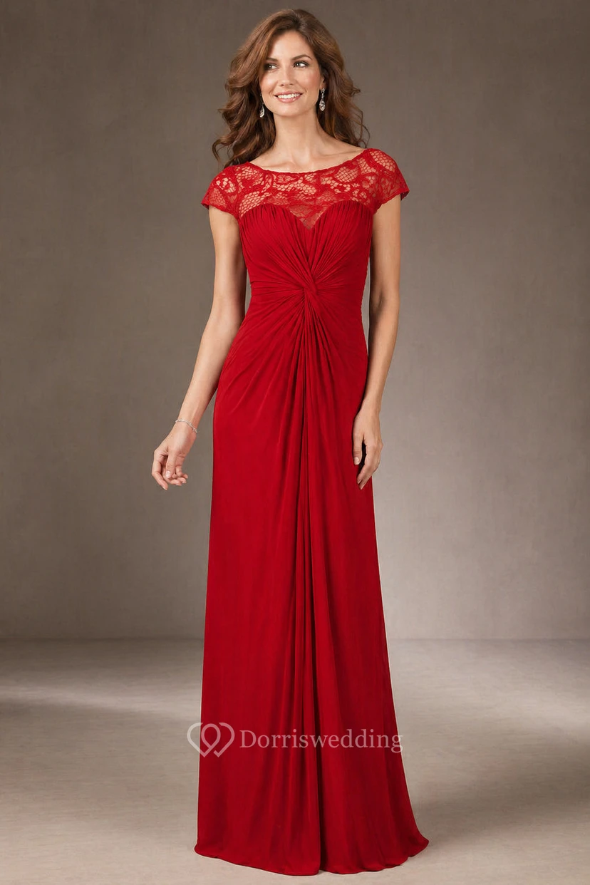 Robe longue à manches courtes froncée pour la mère de la mariée, avec encolure en dentelle illusion view 4