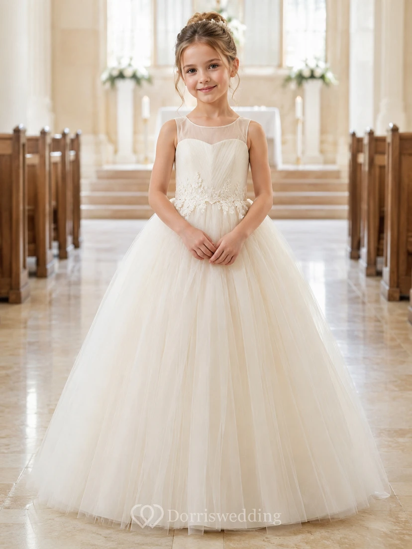 Klassisches A-Linien-Kleid aus Tüll mit Schleife für Blumenmädchen, kurzen Ärmeln, Rundhalsausschnitt, wadenlangem Rock und Schleifendetail.