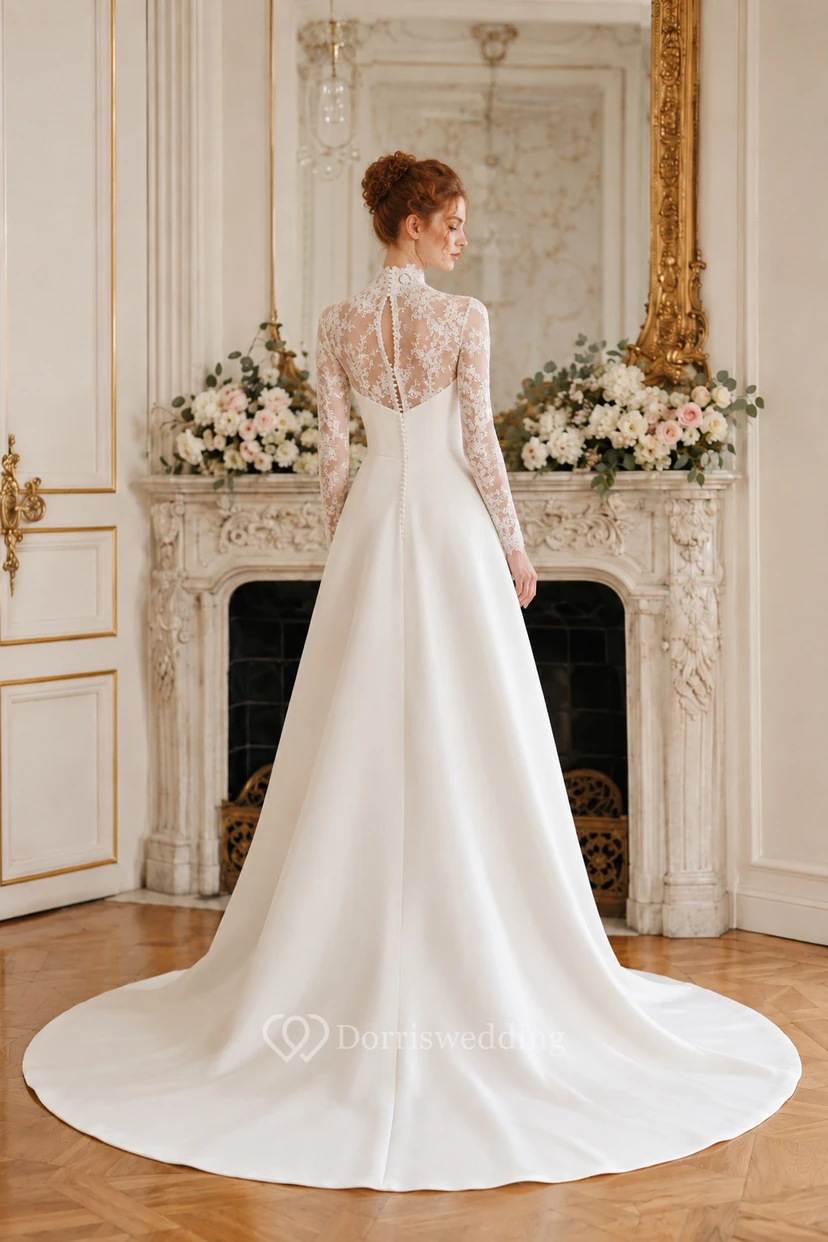 Weißes Brautkleid aus Satin mit Illusionsspitzenärmeln und A-Linie view 2