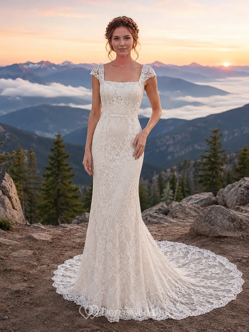 Cap Sleeve Mountain Lace Mermaid Chapel Train Wedding Dress