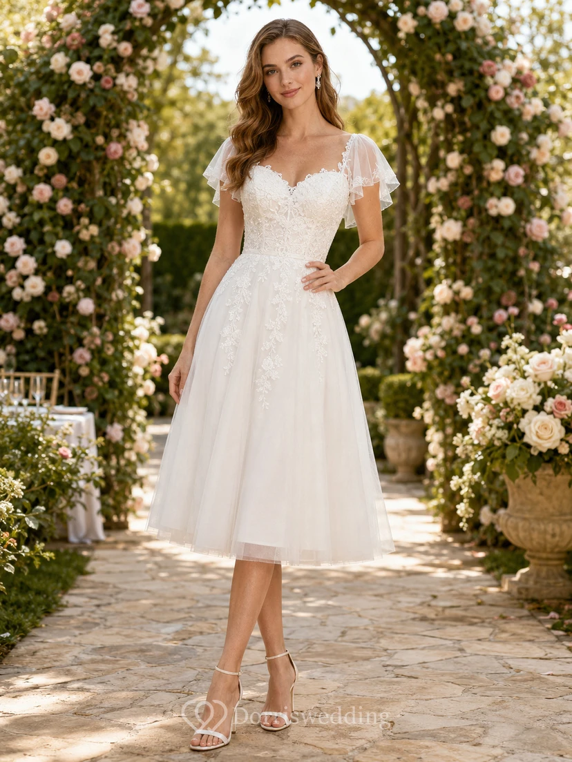 Tea-Length Lace Flutter Sleeve A-Line Garden Bridal Dress
