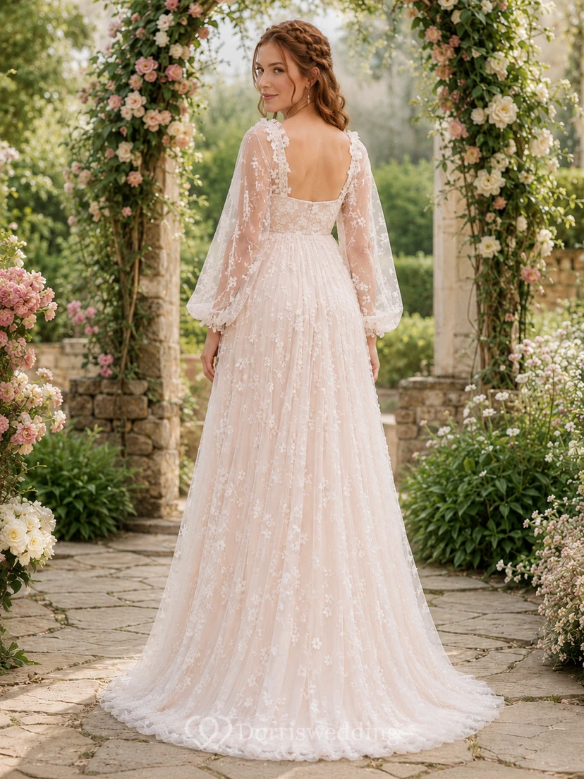 Maternity Wedding Dress Square Neck Long Sleeve Lace Garden Bridal Gown with Split Front view 2
