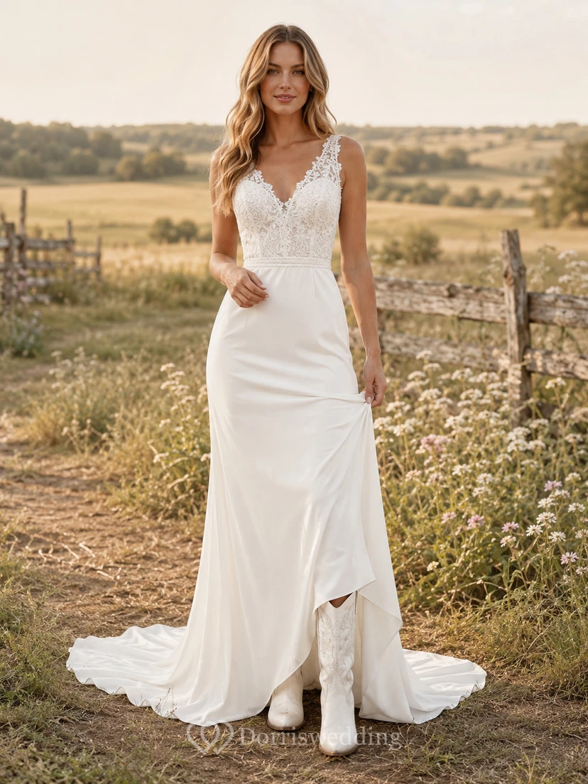 Robe de mariée de maternité à épaules dénudées et manches cloche, coupe trapèze simple, style jardin