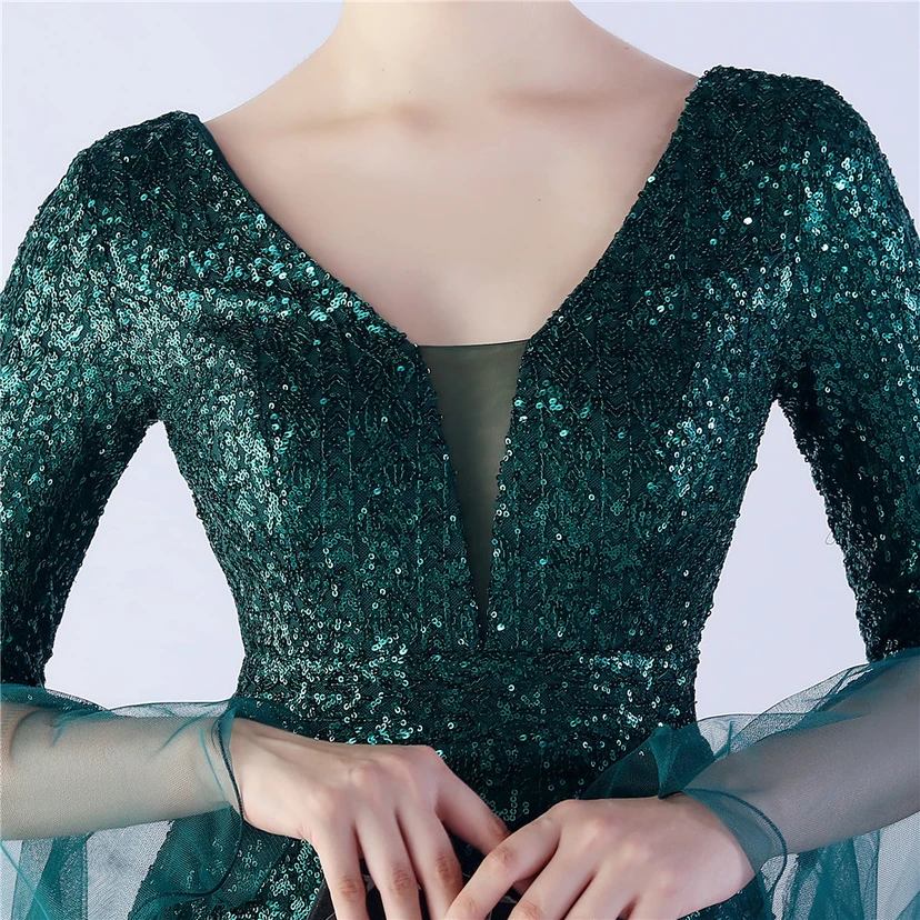 Vestido de noche con lentejuelas, bordado de malla encriptada, estilo artesanal de seda de pez y borde ondulado. view 62