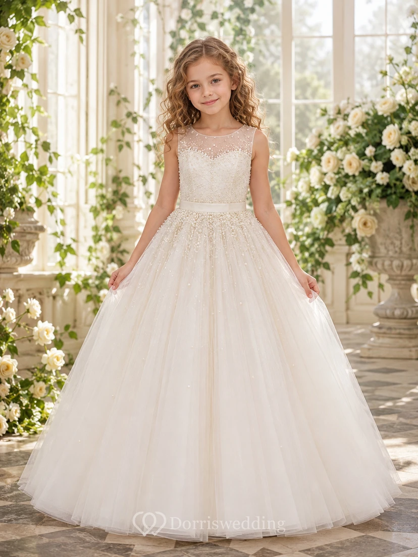 A-Linien-Blumenmädchenkleid mit Spitzenoberteil, Tüllrock in Teelänge und Schleifendetail, Rundhalsausschnitt und Schleifenverzierung.