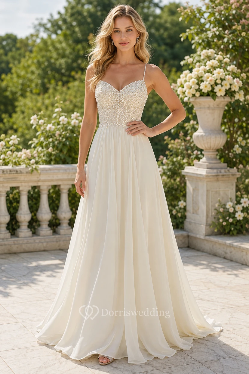 Robe de soirée trapèze en mousseline et corsage en dentelle ivoire