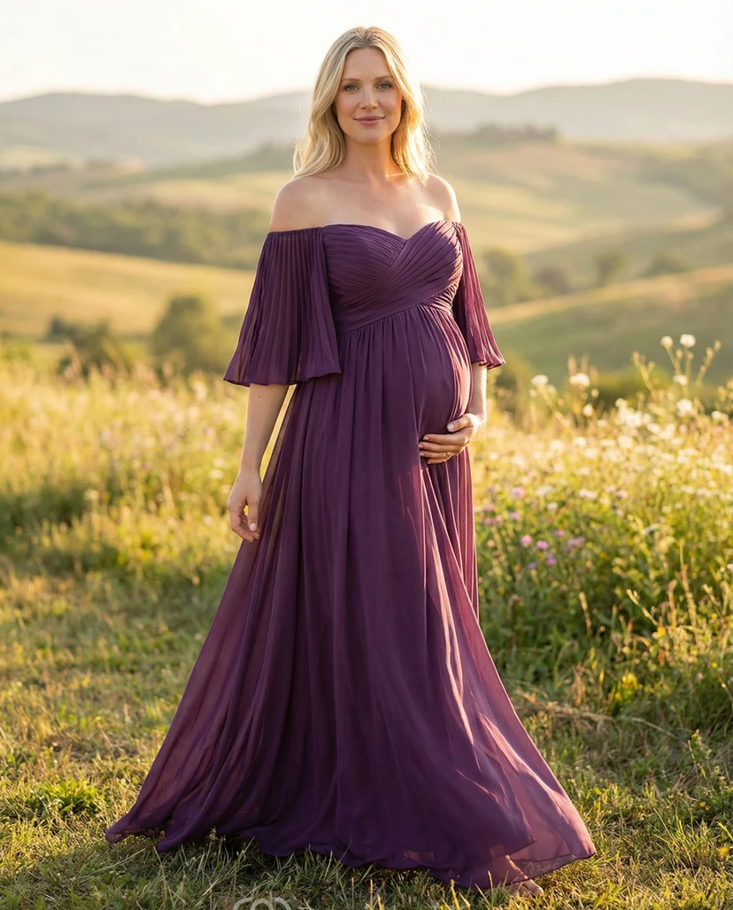 Maternity Bridesmaid Dress Plum Off Shoulder Chiffon Flutter Sleeve Gown