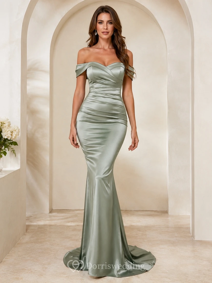 Silver Sage Satin Mermaid Off-Shoulder Short Sleeve Sweep Train Dress