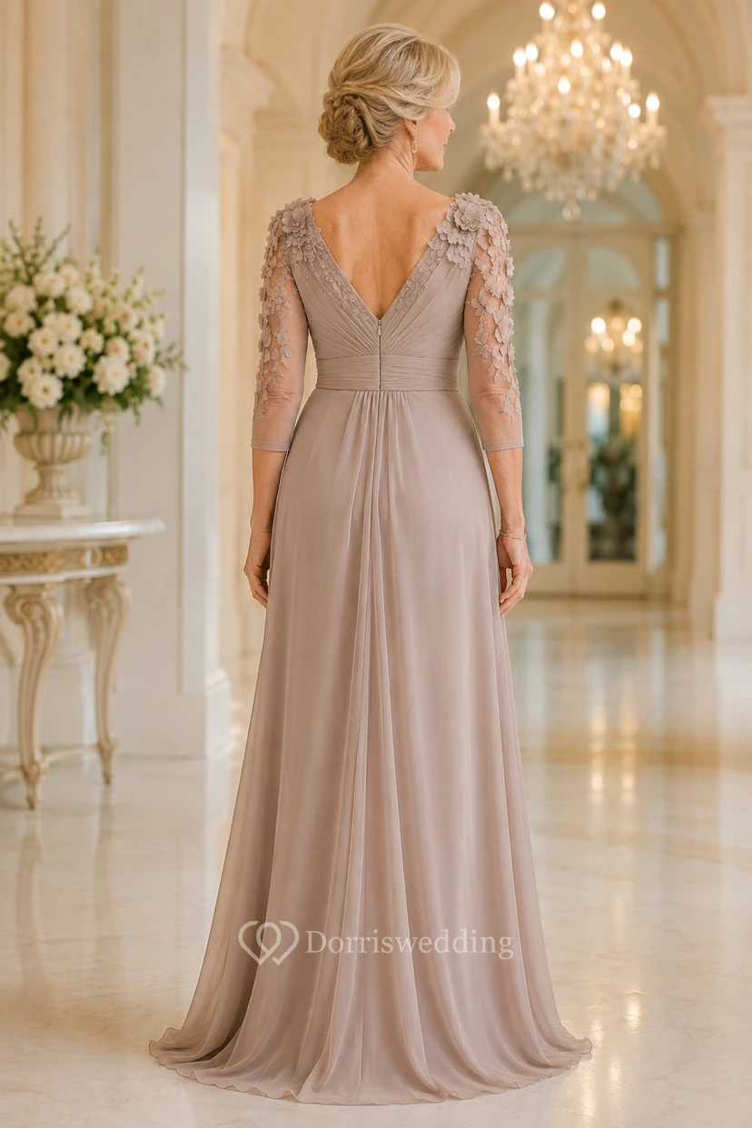 Taupe V-Neck Chiffon Mother Dress With Lace Sleeves view 2